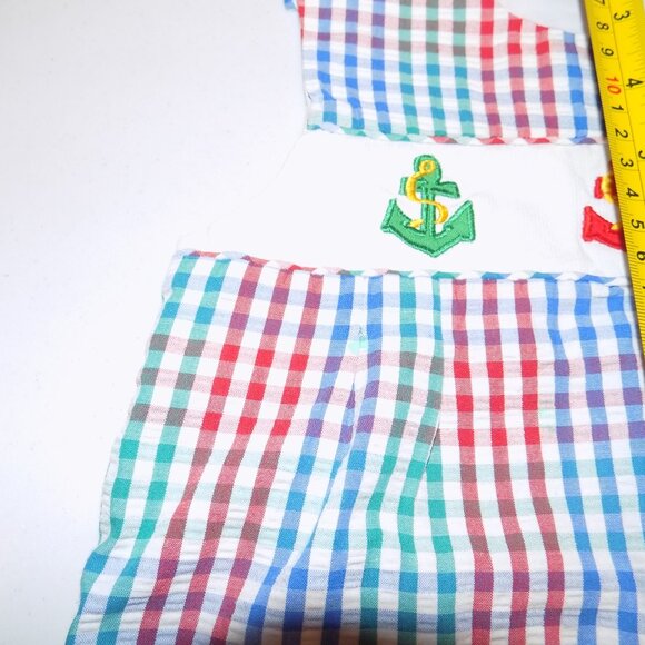 SAMARA Vintage 24M Boys Red Green Blue Check Seersucker Romper Anchors Sailor - Picture 5 of 5